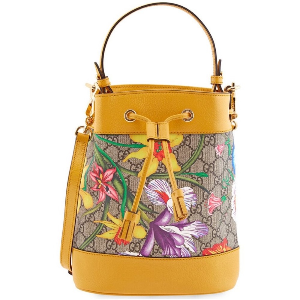 Gucci Ophidia GG Flora Pattern Small Bucket Bag in Yellow
